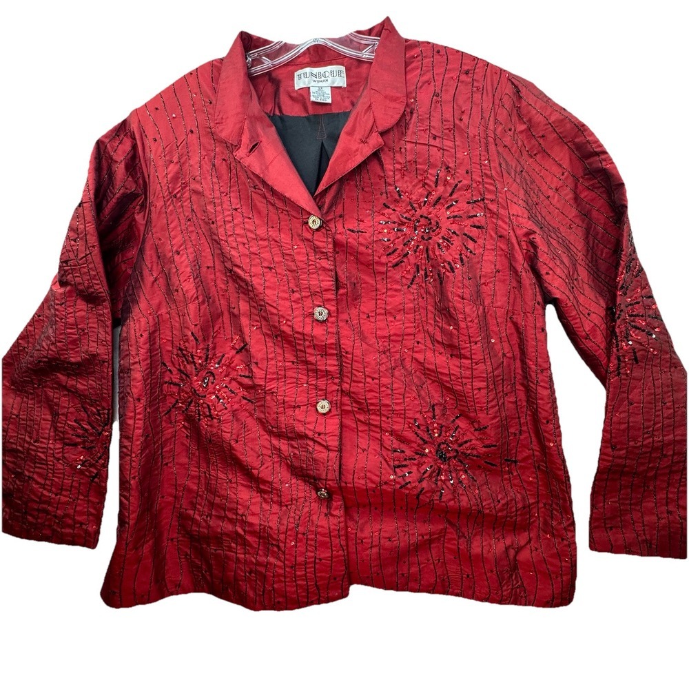 Vintage Y2K Beaded Silk Blazer Jacket Womens Plus 1X Red Sequins Glitter Disco